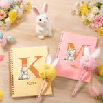 Spersonalizowany notatnik wielkanocny Cute Rabbit i zestaw długopisów Pom Pom z imieniem i inicjałem Wielkanocny prezent na przyjęcie dla dzieci