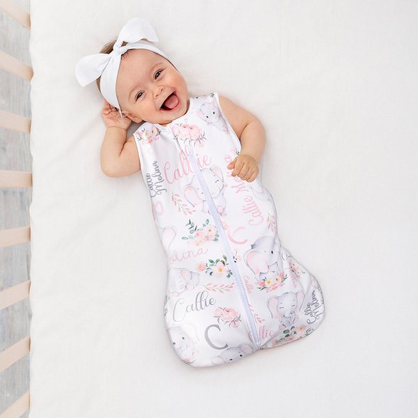 Sacco nanna personalizzato floreale con iniziale e nome, senza maniche, con cerniera, Elefante carino, regalo di compleanno per il neonato.