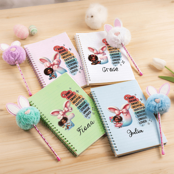Personalized Black Girl Easter Bunny Ears Initial A5 Spiral Notebook and Pom Puff Pen Set with Name Easter Birthday Back to School Gift for Girls