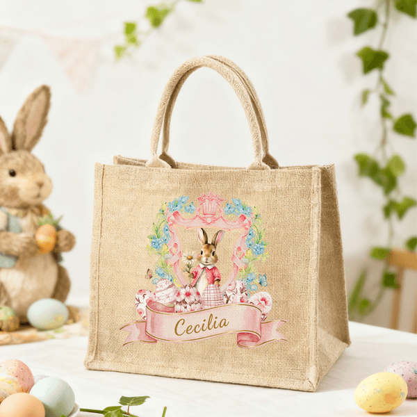 Personalised Wreath Frame Cartoon Easter Bunny Large Capacity Jute Tote Bag with Name Daily Use Easter Gift for Friends Kids