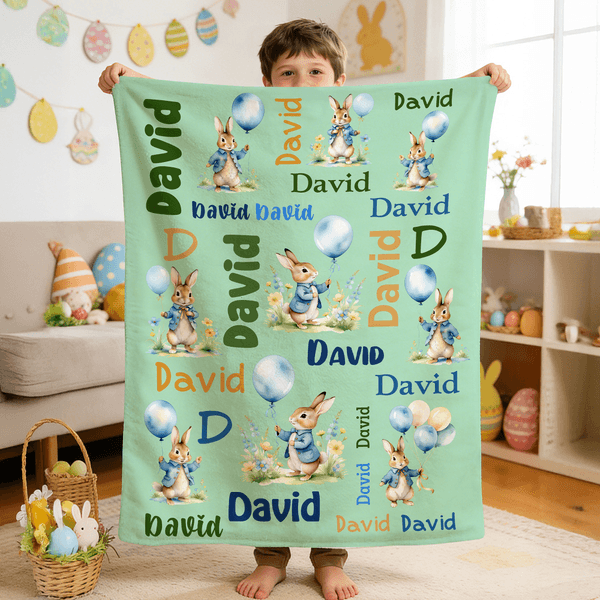 Personalized Cute Easter Peter Rabbit Soft Throw Blanket with Name Home Decor Easter Baby Shower Gift for Newborns Kids