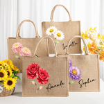 Sac en jute personnalisé avec nom et fleur de naissance - Cadeau d'anniversaire vacances pour les femmes