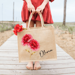 Sac en jute personnalisé avec nom et fleur de naissance - Cadeau d'anniversaire vacances pour les femmes
