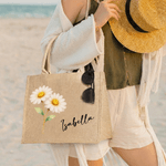 Sac en jute personnalisé avec nom et fleur de naissance - Cadeau d'anniversaire vacances pour les femmes