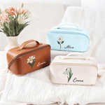 Personalized Birth Flower PU Leather Wide Opening Cosmetic Bag with Name Travel Storage Birthday Gift for Women