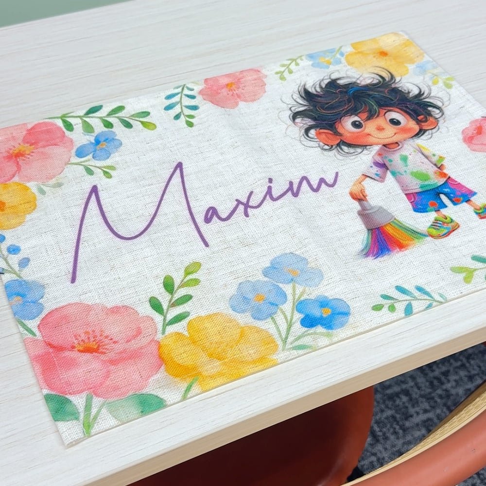 Personalized Flower Cartoon Character Rectangle Linen Placemat with Name Dining Decor Daily Use Back to School Birthday Gift for Kids Family 3