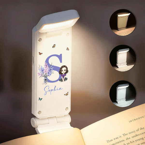 Flor de Nacimiento Personalizada Caricatura de Personaje LED Luz de Lectura Clip con Nombre e Inicial para Uso de Lectura Regalo de Cumpleaños para Amigos Libreros