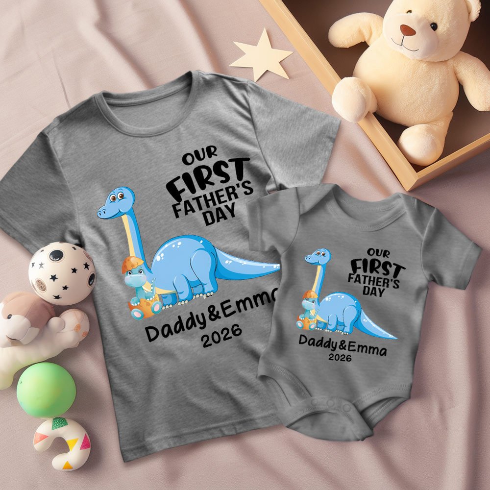 Personalisierte Dinosaurier Vater und Sohn Tochter Baumwoll-T-Shirt Anzug Unser erster Vatertag Geschenk Besonderes Geschenk für Papa Männer 6