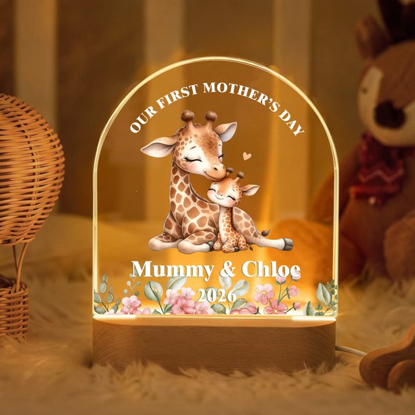 Personalized Cute Animal Mother Kid Arched LED Night Light with Name and Wooden Base Home Decor Mother's Day Holiday Gift for Mom Kid