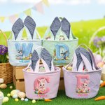 Personlig Simulert 3D-utskriftseffekt Bunny Rabbit Ears Striped påskekurv med initial og navn Påskefest Favor Egg Jaktgave til barn
