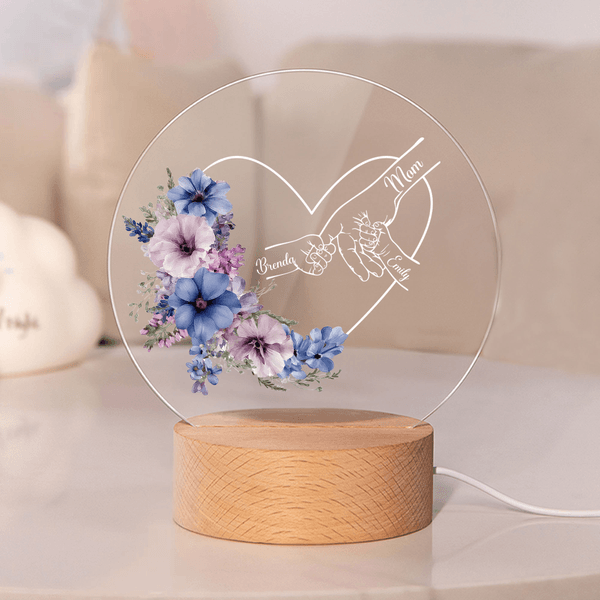 Personlig hjärtblomma Akryl LED-nattlampa med namn och träfot Heminredning Mors dag-present för kvinnor