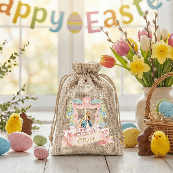 Personalized Cute Bunny Floral Wreath Ribbon Jute Drawstring Gift Bag with Name Easter Hunting Party Gift for Boys Girls