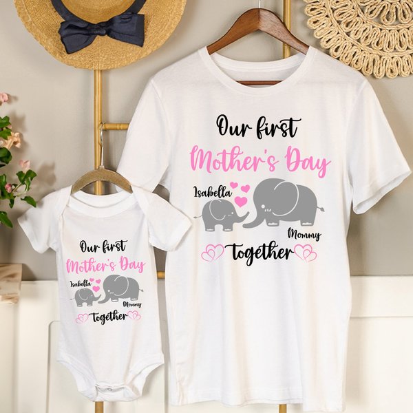 Onze eerste Moederdag Samen - Gepersonaliseerd 100% Katoenen T-shirt Babyrompertje met Namen Moederdagcadeau voor Pasgeborenen