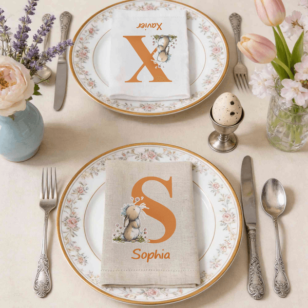 Personalized Cute Bunny Flower Linen Napkin with Initial and Name Table Decoration Easter Party Gift for Kids Family Friends