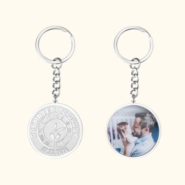 Personalised The Moment You Became My Daddy Footprint Clock Engraved Keychain with Text or Photo First Father's Day Gift for Dad