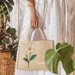 Personalized Pearl Effect Birth Flower Large Jute Tote Bag with Name Travel Essential Birthday Anniversary Gift for Women