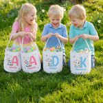 Gepersonaliseerde Canvas Paasmand met Konijntje- en Bloemmotief met Naam en Initiaal Eierenjacht-accessoires Paascadeau voor Jongens en Meisjes