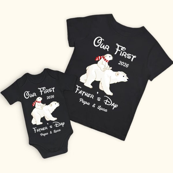 Gepersonaliseerde Polar Bear Vader en Dochter Zoon T-shirt Set Vader en Baby Onze Eerste Vaderdag voor Vader Nieuwe Vader Cadeau