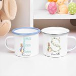 Mug émaillé personnalisé Peter Rabbit avec initiale florale 12 oz avec nom Camping Pâques Cadeau d'anniversaire pour enfants
