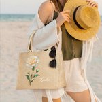 Personalized Pearl Effect Birth Flower Large Jute Tote Bag with Name Travel Essential Birthday Anniversary Gift for Women