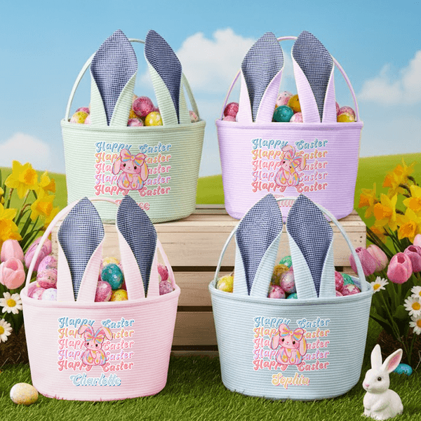 Personalized Happy Easter Sequin Y2K Bunny Ears Stripe Easter Basket with Name Easter Day Eggs Hunting Gift for Kids