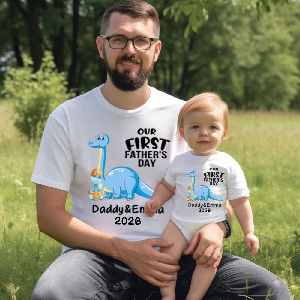 Personalisierte Dinosaurier Vater und Sohn Tochter Baumwoll-T-Shirt Anzug Unser erster Vatertag Geschenk Besonderes Geschenk für Papa Männer 2