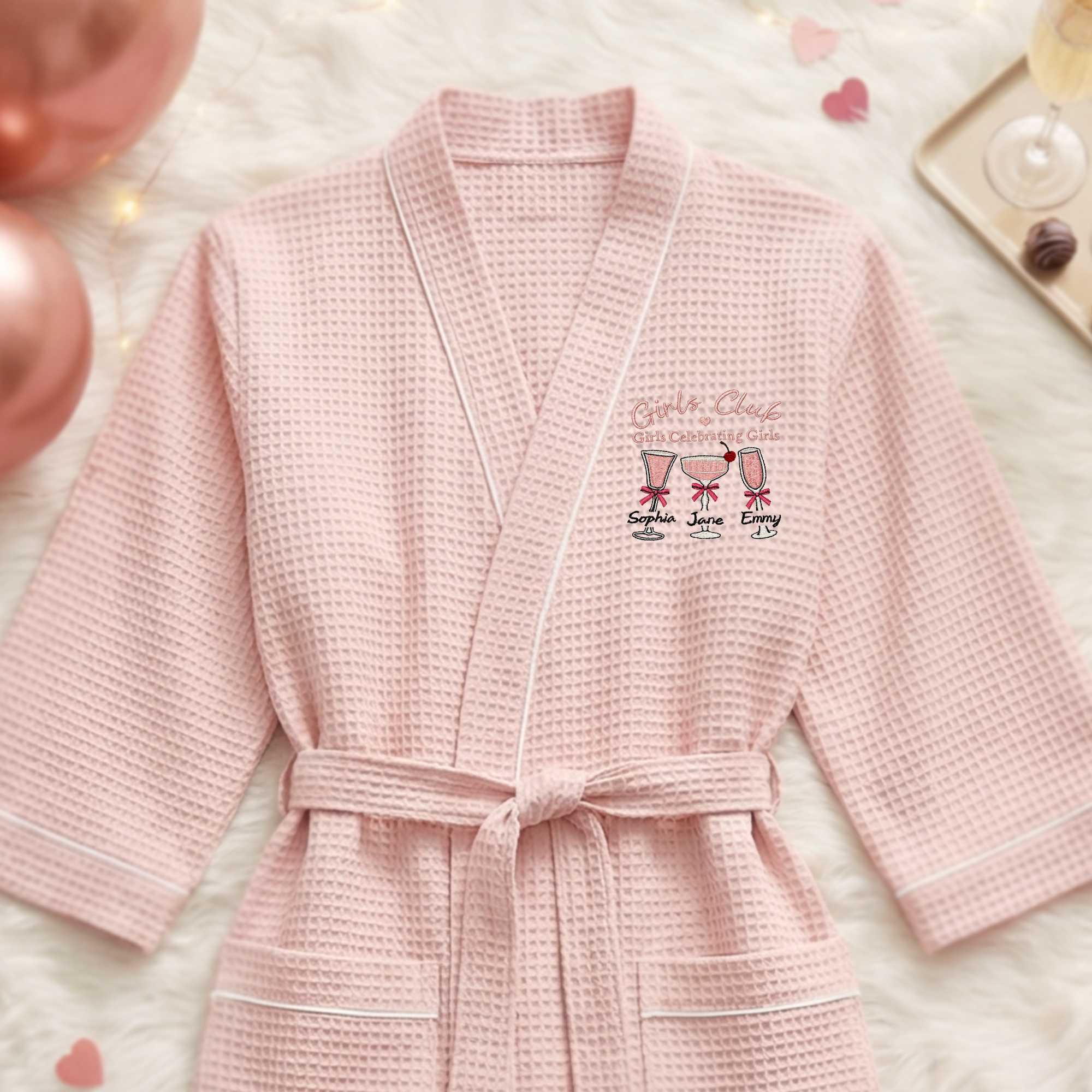 Personalisierte Champagner rosa Bogen Waffel Morgenmantel Bademantel mit gestickten Namen Jahrestag Geburtstag Party Geschenk für Mädchen Besties