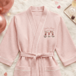 Personalised Champagne Pink Bow Waffle Dressing Gown Bathrobe with Embroidered Name Anniversary Birthday Party Gift for Girls Besties