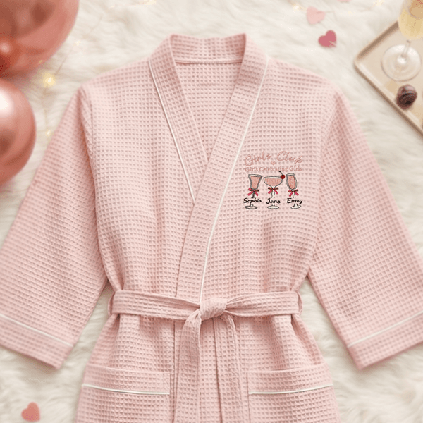 Personalized Champagne Pink Bow Waffle Dressing Gown Bathrobe with Embroidered Name Anniversary Birthday Party Gift for Girls Besties