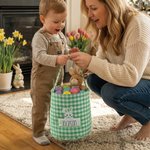 Personalised Cute Easter Bunny Carrot Plaid Basket with Embroidered Name Eggs Hunting Party Favor Easter Gift for Boys Girls