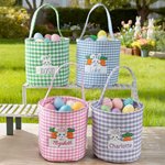 Personalised Cute Easter Bunny Carrot Plaid Basket with Embroidered Name Eggs Hunting Party Favor Easter Gift for Boys Girls