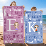 Personalised Cute Cartoon Kid Character Initial Quick Dry Oversized Beach Towel with Name Beach Party Birthday Gift for Kids