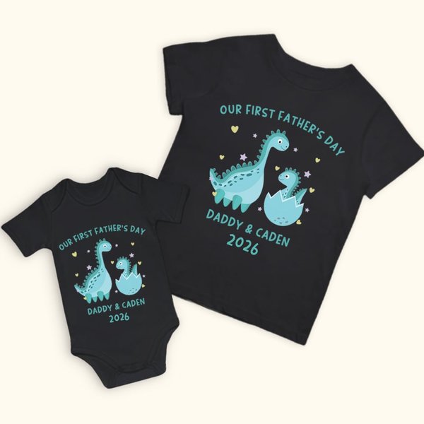 Gepersonaliseerd Little Dinosaur Vader en Dochter Zoon Set Papa en Baby Bijpassend Shirt Ons Eerste Vaderdag Cadeau voor Nieuwe Papa
