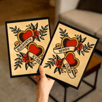 Personalised American Traditional Hearts Tattoo Flash Art Print with Name Home Decor Birthday Anniversary Gift for Couples
