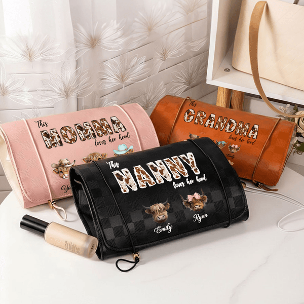 Personalized Waterproof Highland Cow PU Leather Makeup Bag with 1-8 Names and Title Travel Essentials Mother's Day Gift for Mother Grandmother