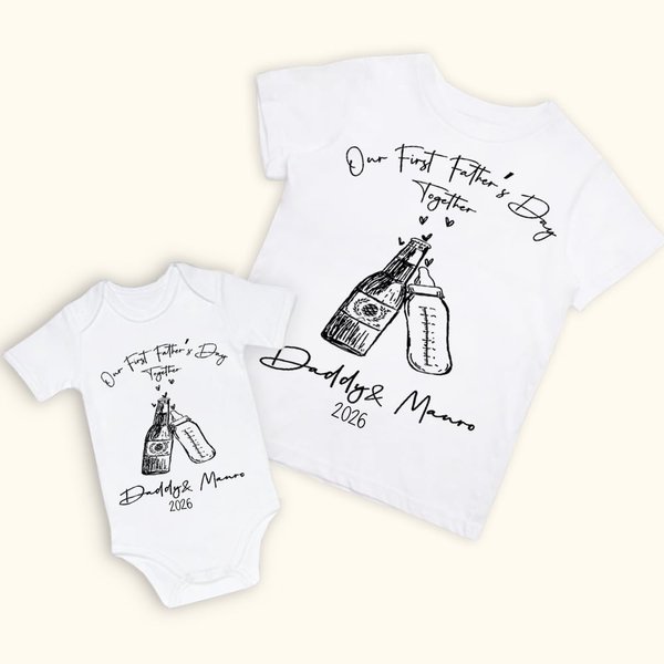 Gepersonaliseerd Our First Vaderdag Minimalistisch Bier en Melkfles Katoenen Bijpassend Vader en Baby Overhemd Dagelijks Casual Dragen Vaderdag Cadeau voor Papa