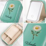Personalizado Nacimiento Flor PU Cuero Joyero con Nombre y LED de tres colores Espejo de Maquillaje Viajes Uso Cumpleaños Regalo para Amigo Mamá