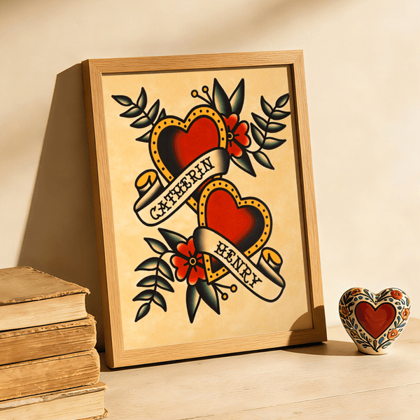 Personalised American Traditional Hearts Tattoo Flash Art Print with Name Home Decor Birthday Anniversary Gift for Couples