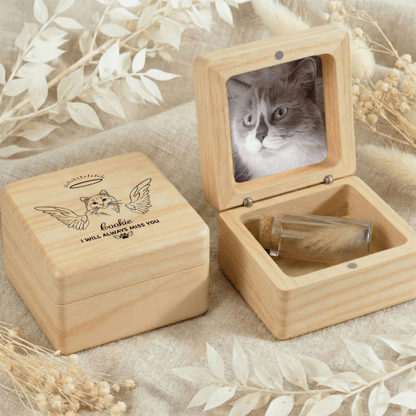 Personalized Angel Halo Photo Pet Fur Keepsake Bottle Wooden Magnetic Box Set with Name and Text Pet Loss Memorial Gift for Pet Owners