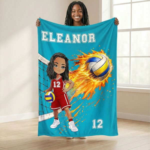 Personalisierte Volleyball Cartoon Charakter weiche Decke mit Namen und Nummer Geburtstag Spiel Tag Geschenk für Volleyballspieler