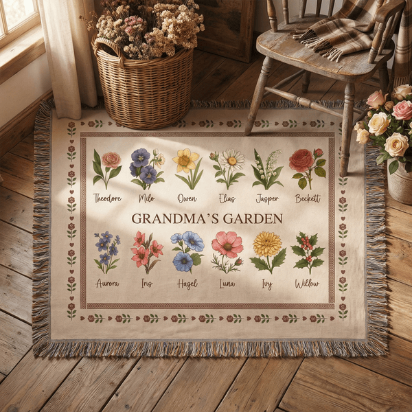 Personalised Retro Birth Flower Grandma's Garden Tassel Soft Throw Blanket with Names and Title Mother's Day Birthday Gift for Grandma Family