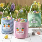 Personalised Cute Easter Bunny Carrot Plaid Basket with Embroidered Name Eggs Hunting Party Favor Easter Gift for Boys Girls