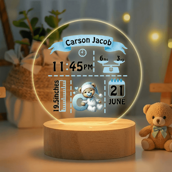 Personalized Cute Bear Pattern Initial LED Night Light with Name and Wooden Base Nursery Room Decor Birthday Gift for Newborns
