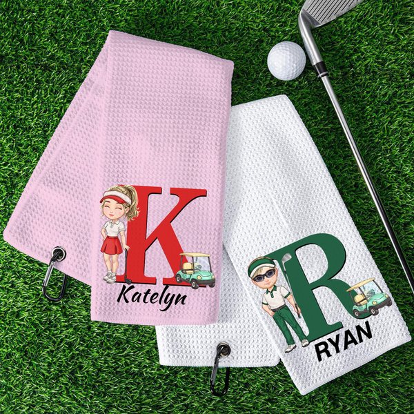Personalized Cartoon Character Absorbent Waffle Golf Towel with Name and Initial Hanging Clip Sports Accessories Birthday Gift for Golf Player