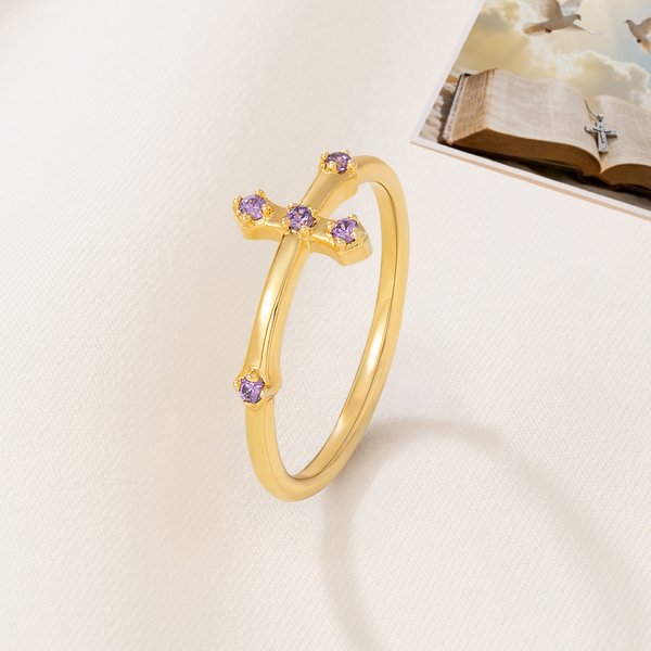 Personlig Dainty Cross Birthstone Sterling Silver Ring Christmas Birthday Baptism Gift for Christians Mothers