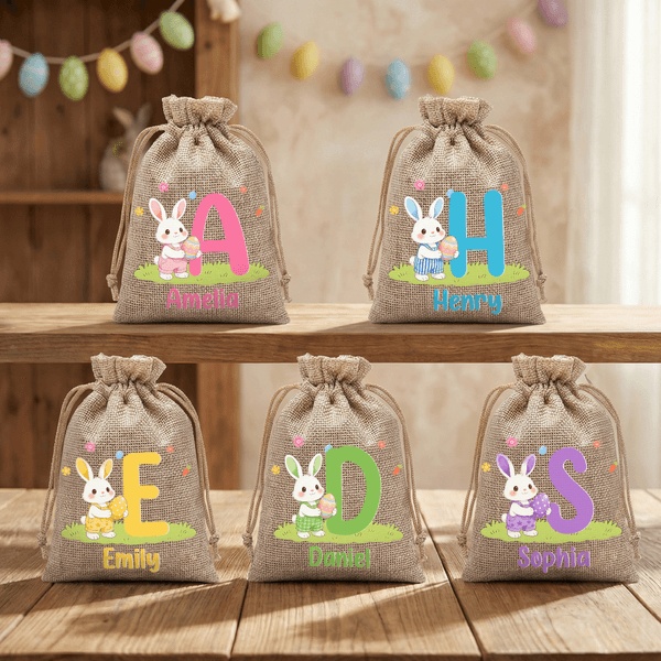 Personalised Cute Easter Egg Rabbit Initial Drawstring Sweets Gift Bag with Name Easter Holiday Party Favors Gift for Boys Girls