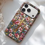 Personalized Cross Floral Stained Glass Phone Case with Letter for iPhone Samsung Anniversary Birthday Gift for Friend Family Woman