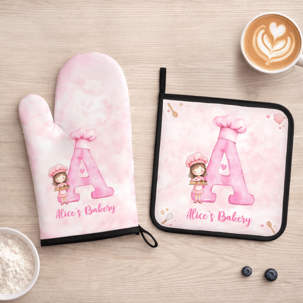Personalised Cartoon Chef Character Watercolor Initial Insulation Oven Mitt and Pot Holder Set of 2 Bakery Use Birthday Gift for Kids Baking Lovers