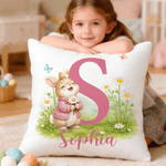 Taie d'oreiller personnalisée en forme de fleur de lapin multicolore avec nom et initiale Cadeau de fête de Pâques pour enfants