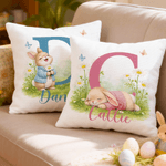 Taie d'oreiller personnalisée en forme de fleur de lapin multicolore avec nom et initiale Cadeau de fête de Pâques pour enfants